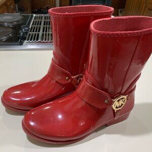 Michael Kors Fulton Harness Women's Red Rain Boots Sz 8 Gold Hardware Glossy